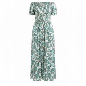 Green Paisley Off-The-Shoulder Maxi Dress Boho Smocked Sleeve  Dress Sz OS